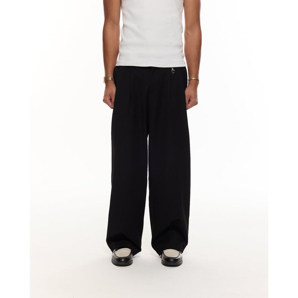 SWEATS Mens Pleat Pant Wide Leg Trousers L Black Elastic Waist NWT